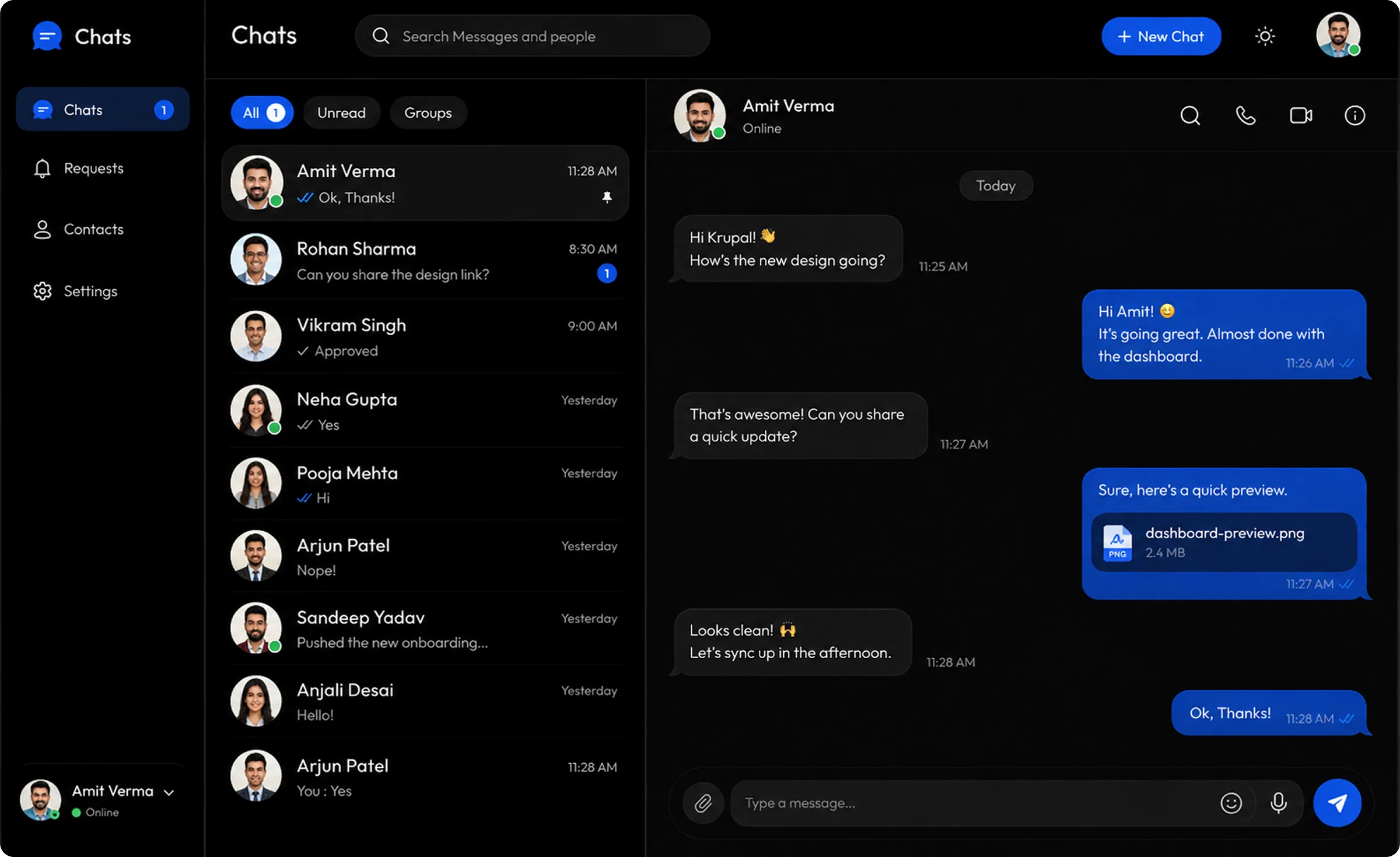 ChatVia desktop chat app showing the chat list and an open conversation