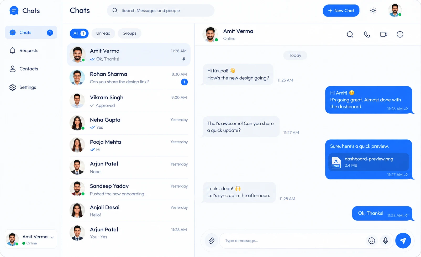 ChatVia desktop chat app showing the chat list and an open conversation